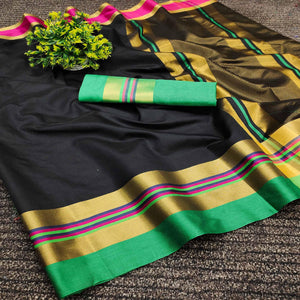Black Festive Wear Zari Border Cotton Blend Saree - Peachmode