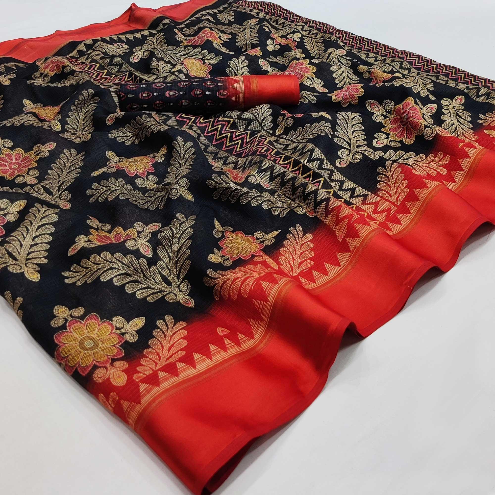 Black Floral Digital Printed Kota Doria Saree - Peachmode