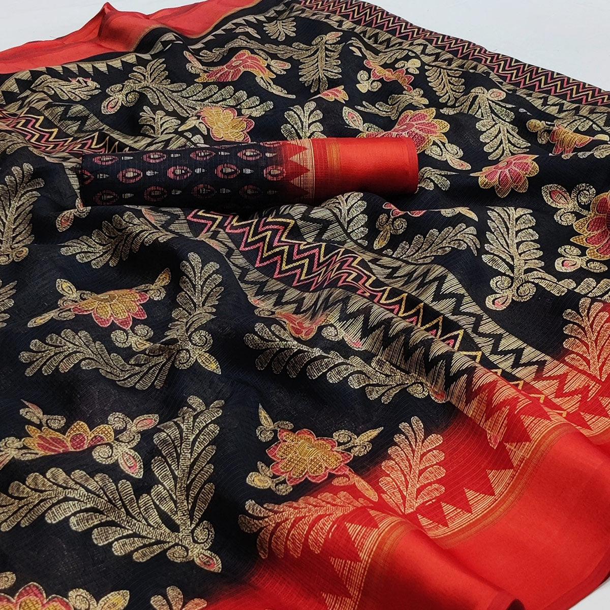 Black Floral Digital Printed Kota Doria Saree - Peachmode