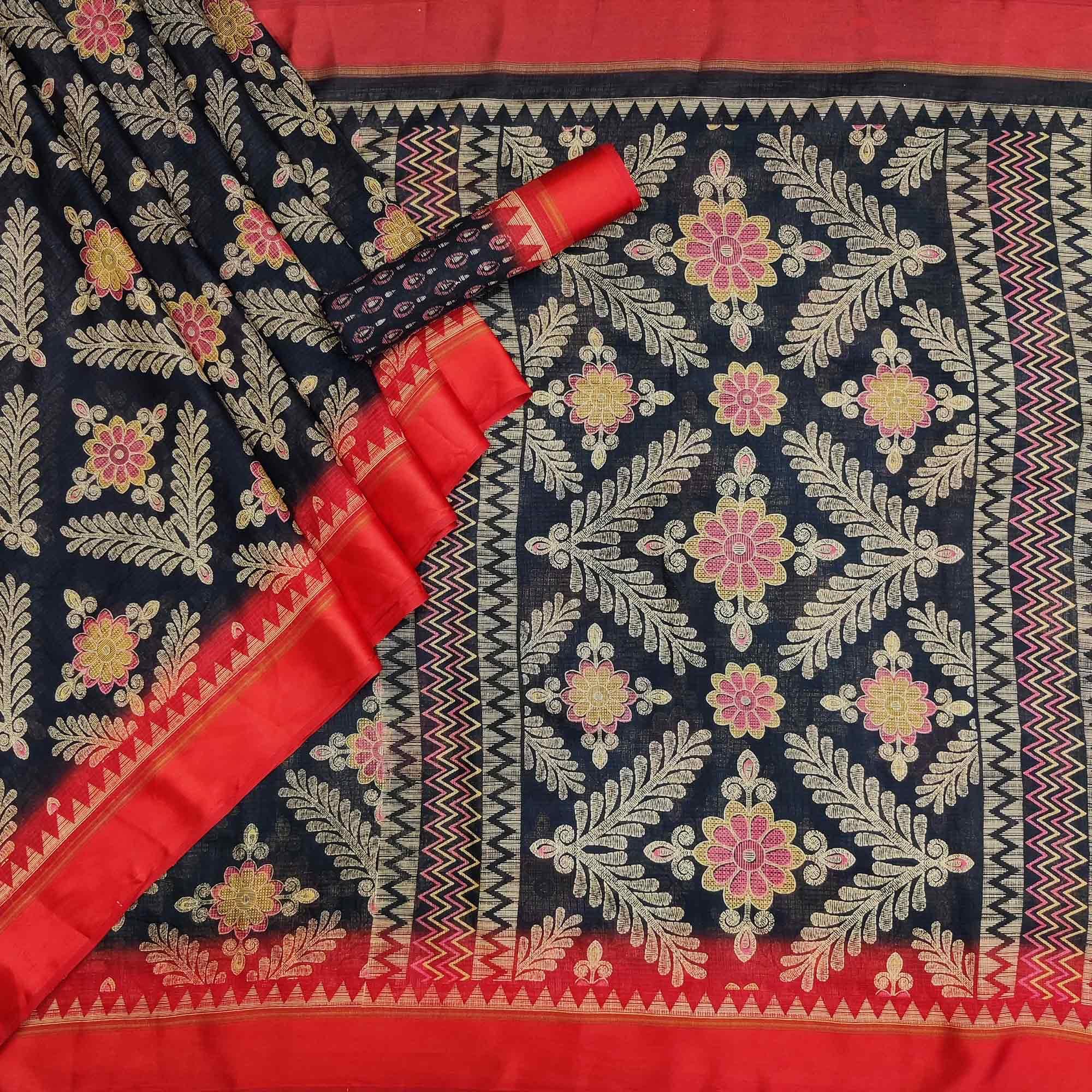 Black Floral Digital Printed Kota Doria Saree - Peachmode