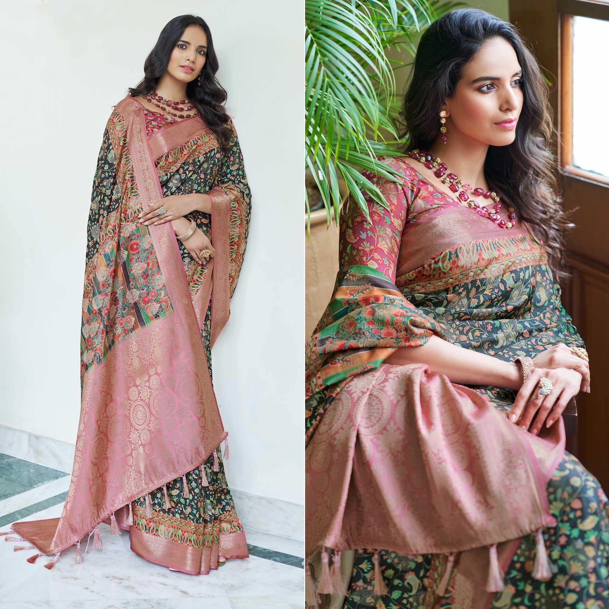 Black Floral Digital Printed With Woven Border Art Silk Saree - Peachmode