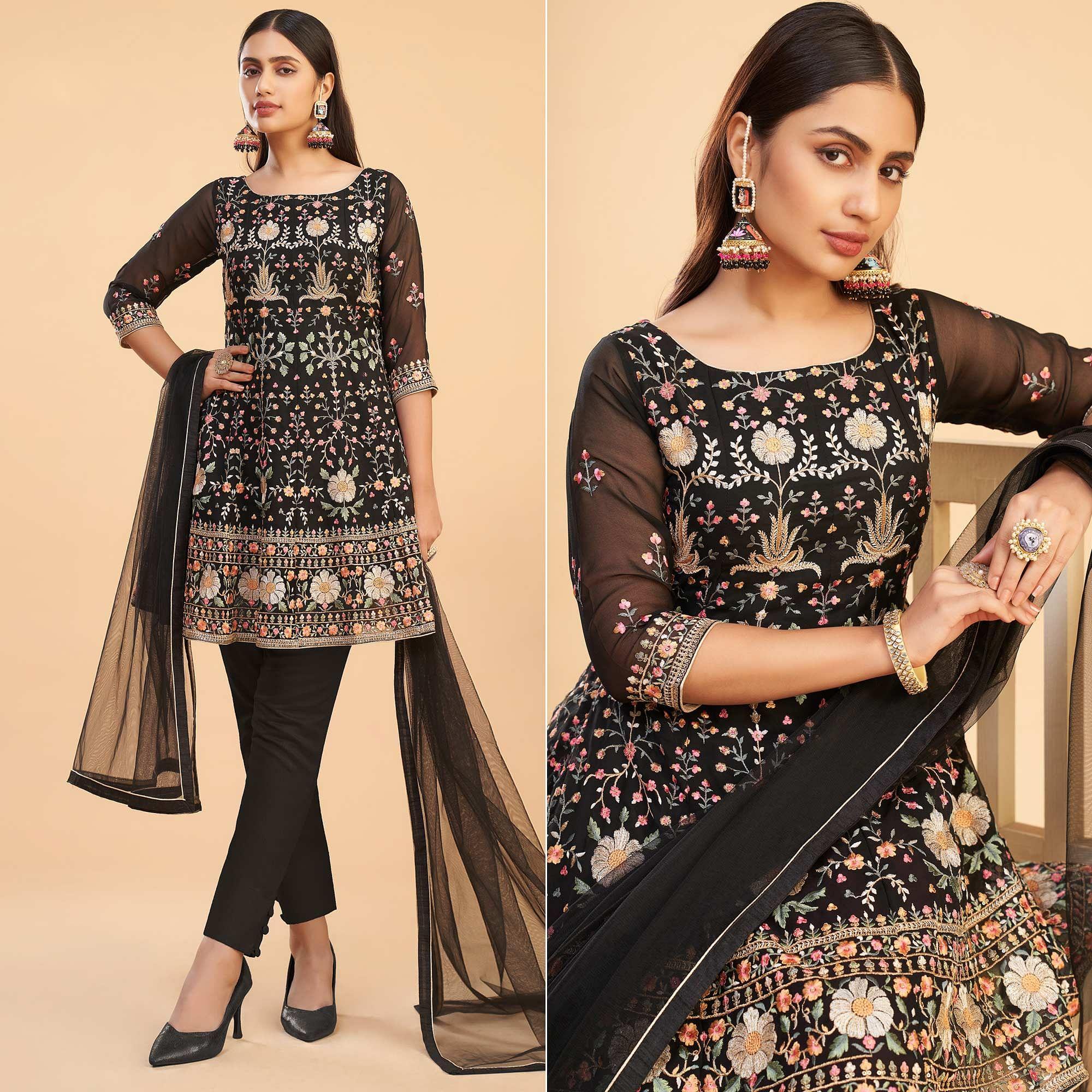 Black Floral Embroiderd Georgette Salwar Suit - Peachmode