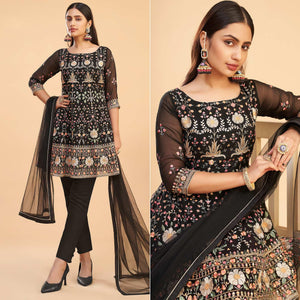 Black Floral Embroiderd Georgette Salwar Suit - Peachmode