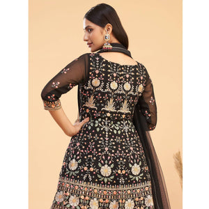 Black Floral Embroiderd Georgette Salwar Suit - Peachmode