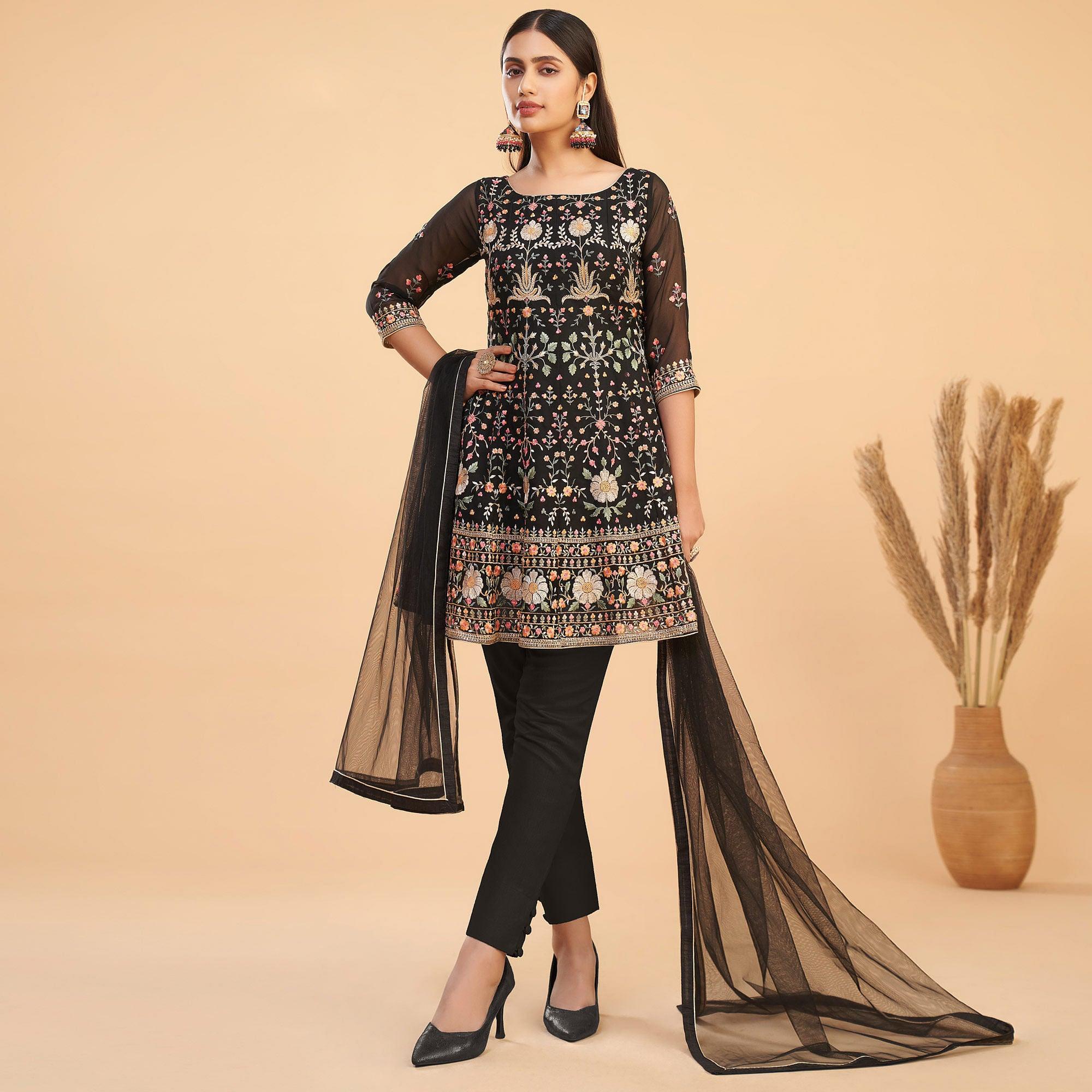 Black Floral Embroiderd Georgette Salwar Suit - Peachmode
