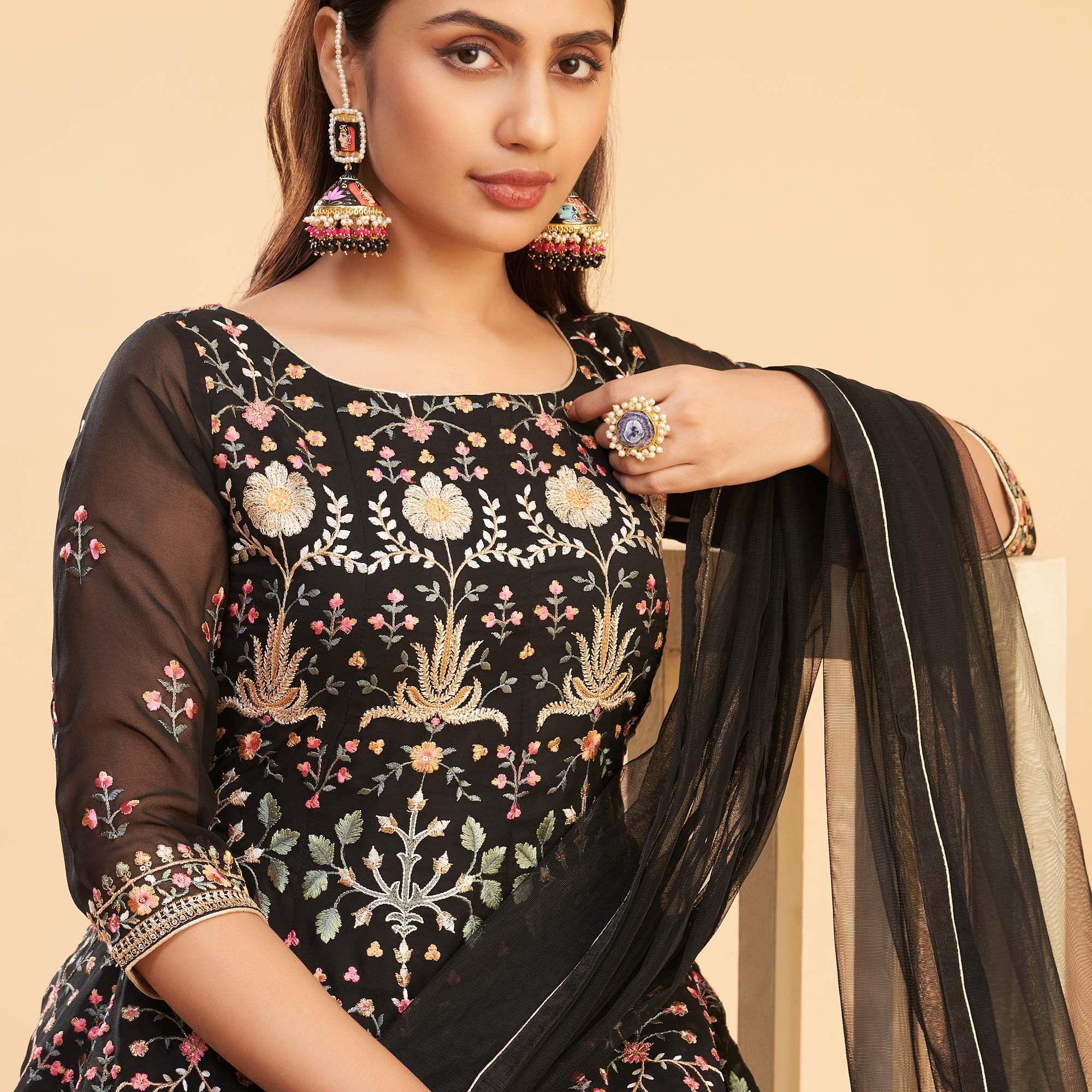 Black Floral Embroiderd Georgette Salwar Suit - Peachmode