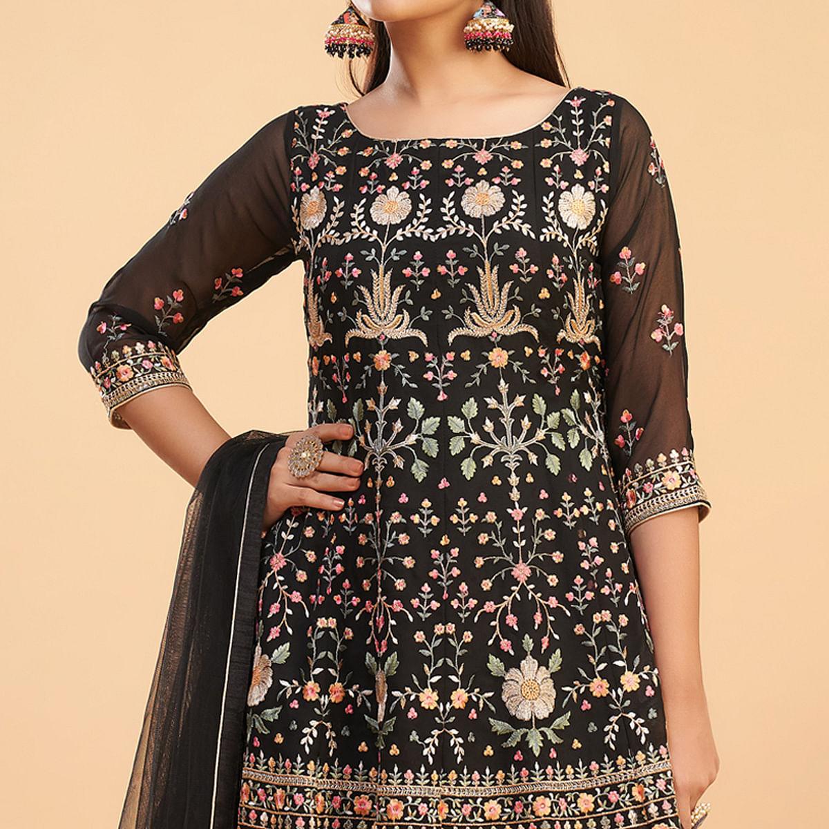 Black Floral Embroiderd Georgette Salwar Suit - Peachmode