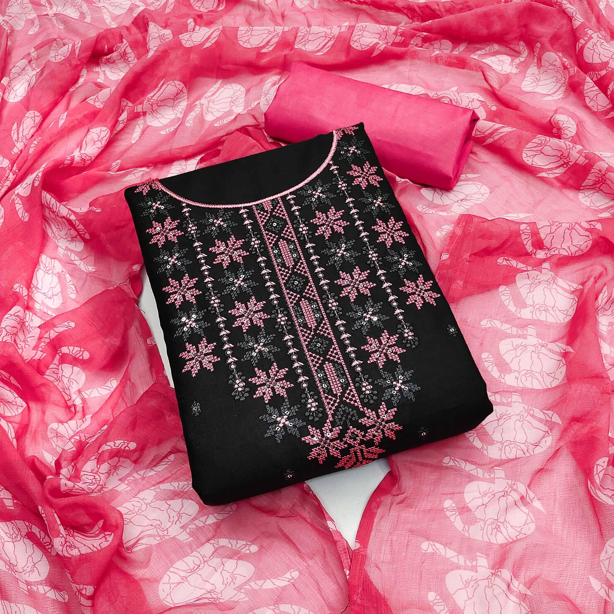 Black Floral Embroidered Cotton Blend Dress Material - Peachmode