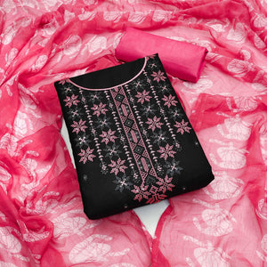 Black Floral Embroidered Cotton Blend Dress Material - Peachmode