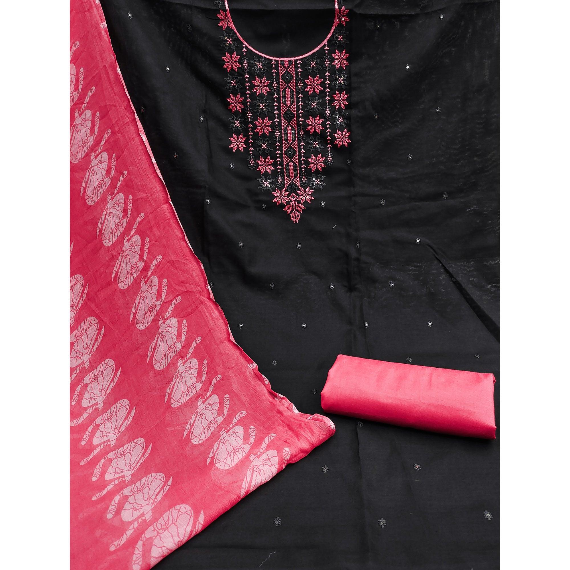 Black Floral Embroidered Cotton Blend Dress Material - Peachmode