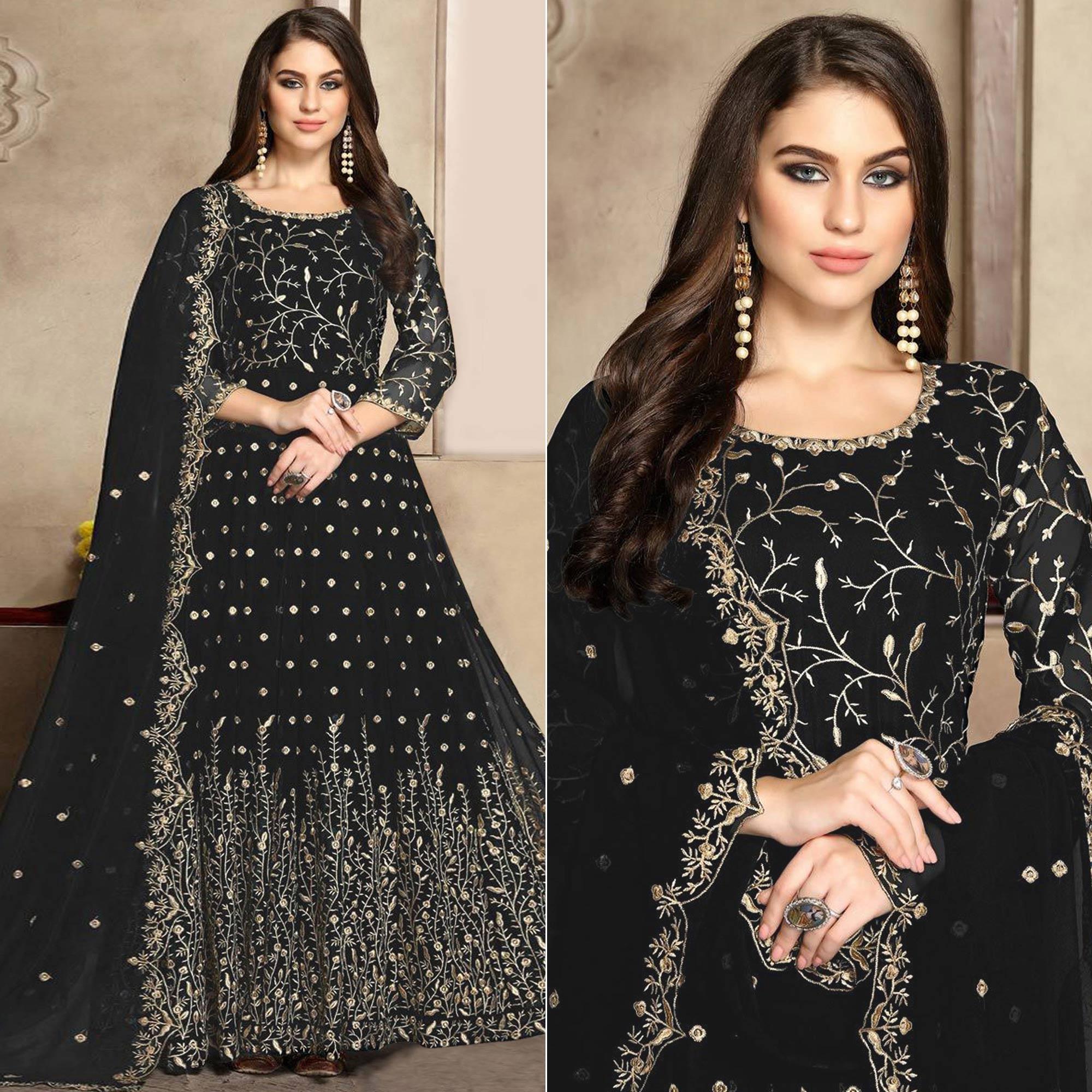 Black Floral Embroidered Georgette Anarkali Suit - Peachmode