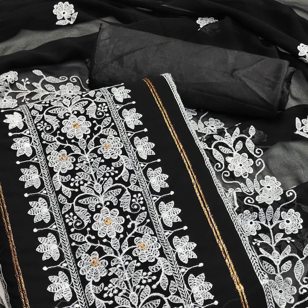 Black Floral Embroidered Georgette Dress Material - Peachmode