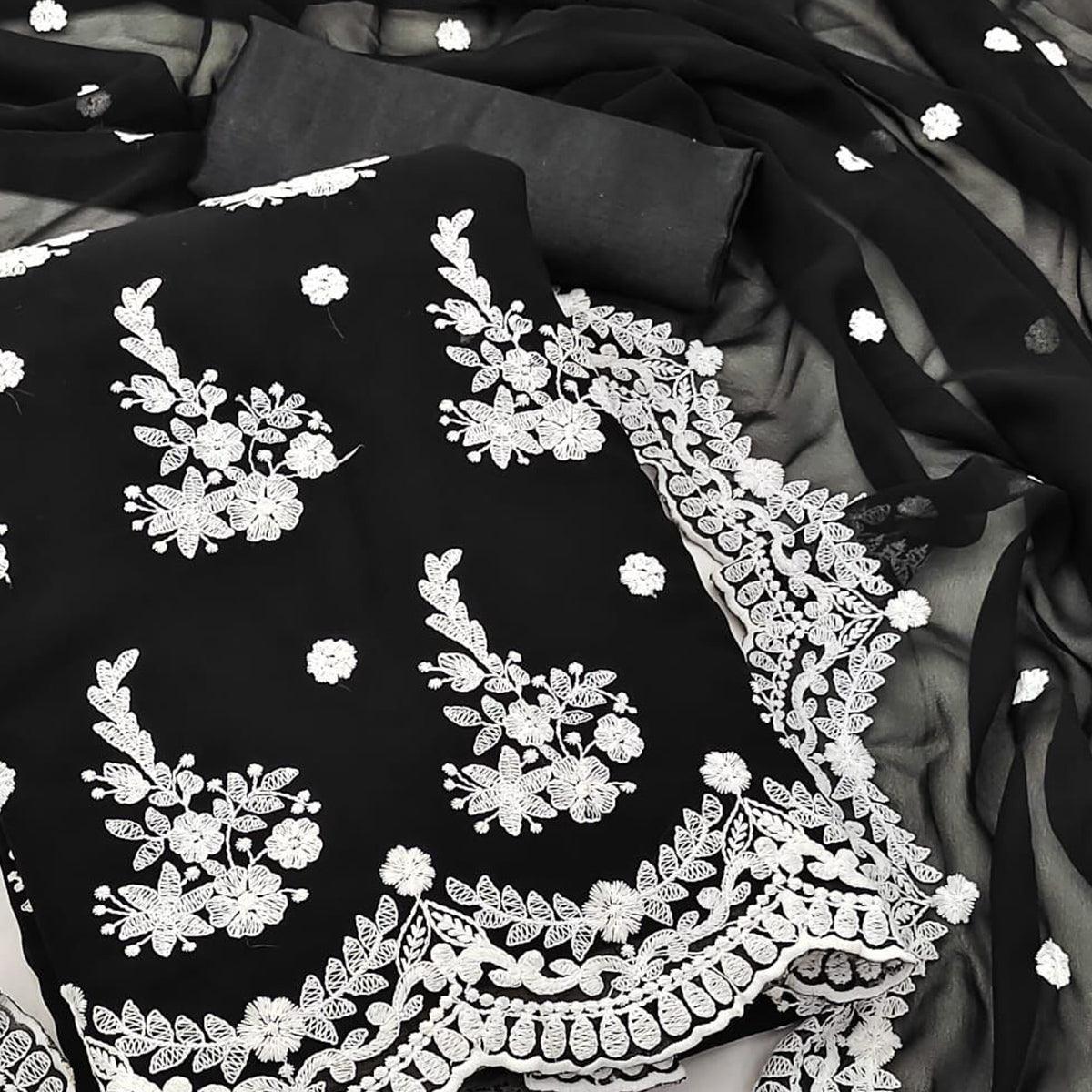 Black Floral Embroidered Georgette Dress Material - Peachmode