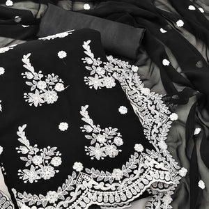 Black Floral Embroidered Georgette Dress Material - Peachmode