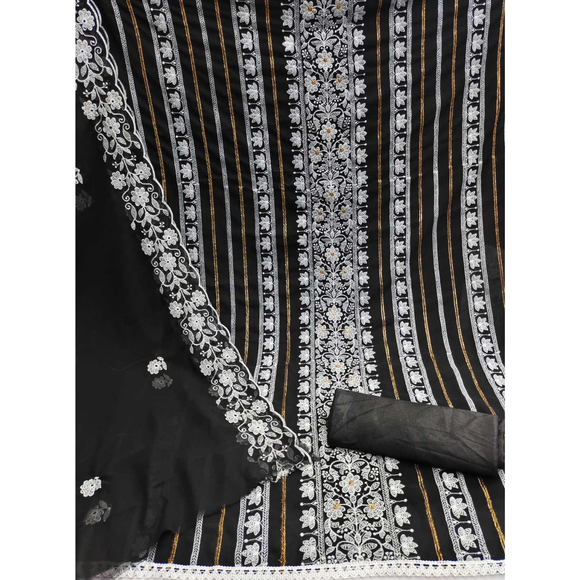 Black Floral Embroidered Georgette Dress Material - Peachmode