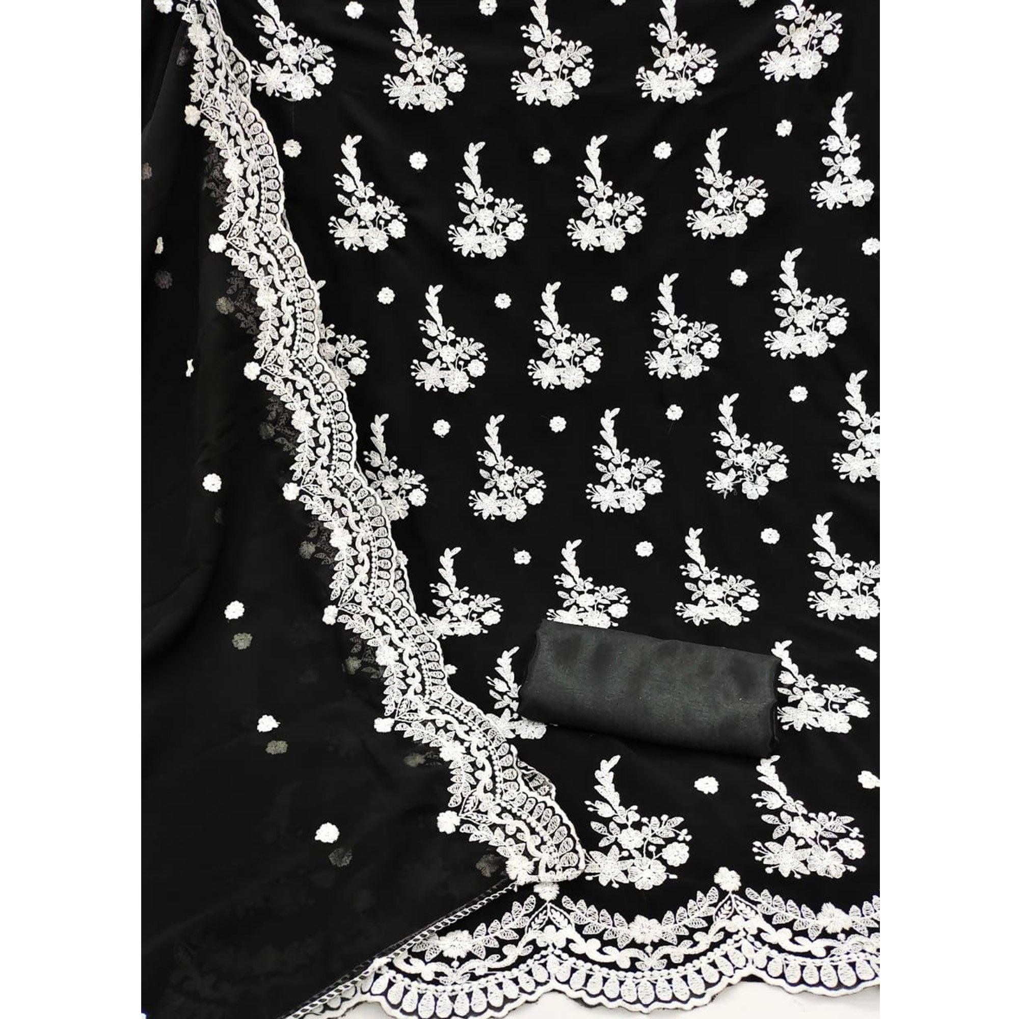 Black Floral Embroidered Georgette Dress Material - Peachmode