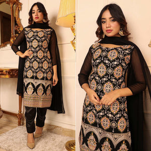 Black Floral Embroidered Georgette Kurti Pant Set With Dupatta - Peachmode