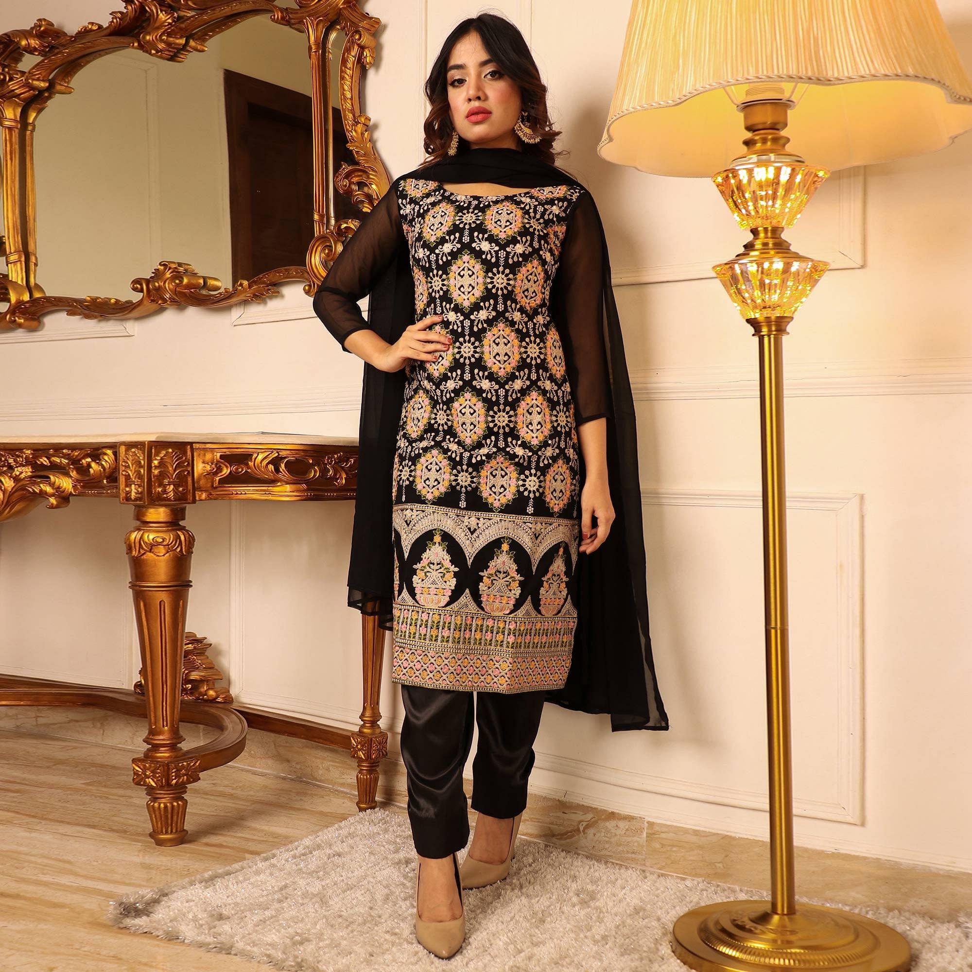 Black Floral Embroidered Georgette Kurti Pant Set With Dupatta - Peachmode