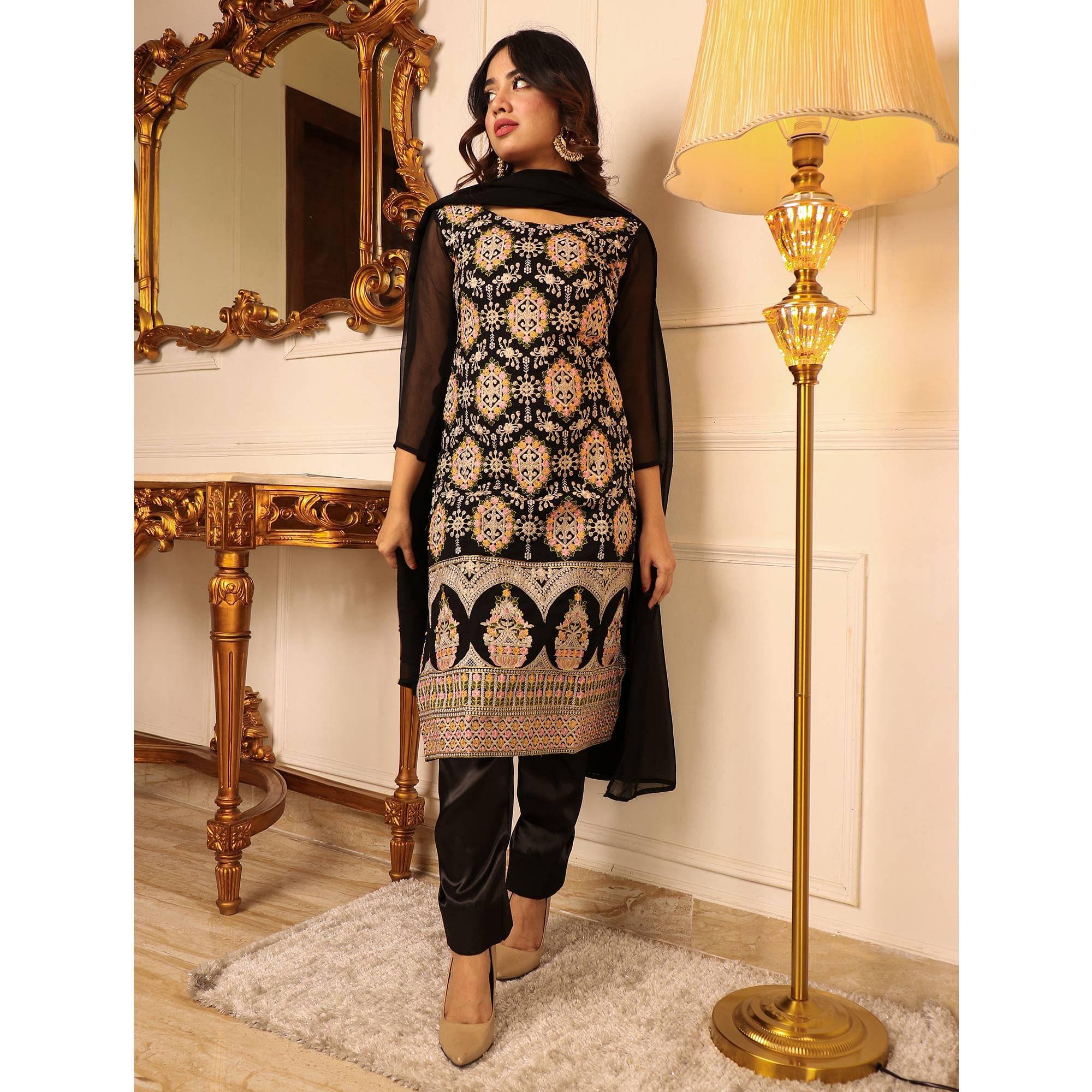 Black Floral Embroidered Georgette Kurti Pant Set With Dupatta - Peachmode