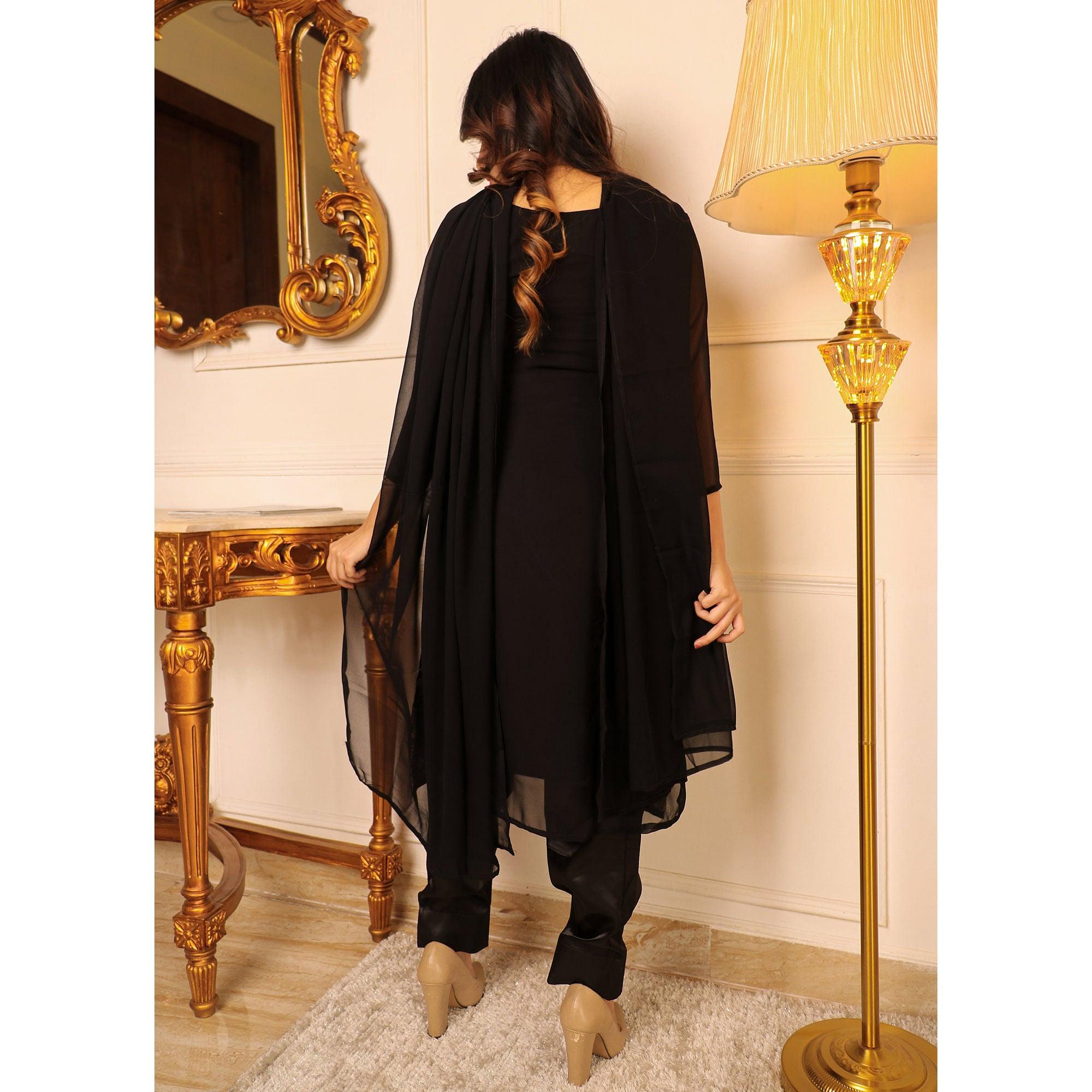 Black Floral Embroidered Georgette Kurti Pant Set With Dupatta - Peachmode