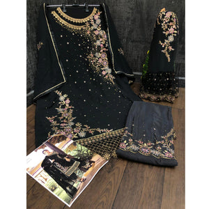 Black Floral Embroidered Georgette Palazzo Suit - Peachmode