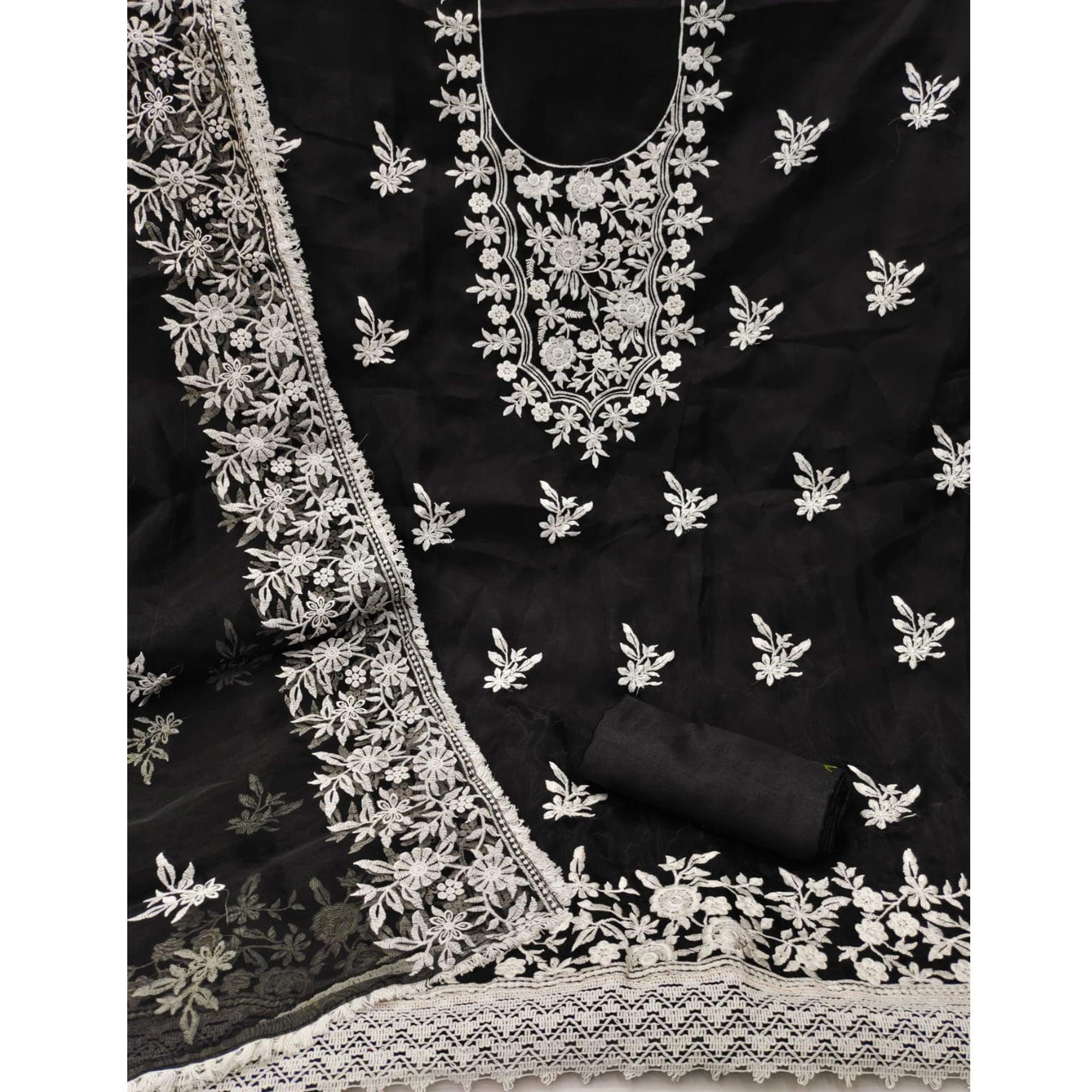 Black Floral Embroidered Organza Dress Material - Peachmode