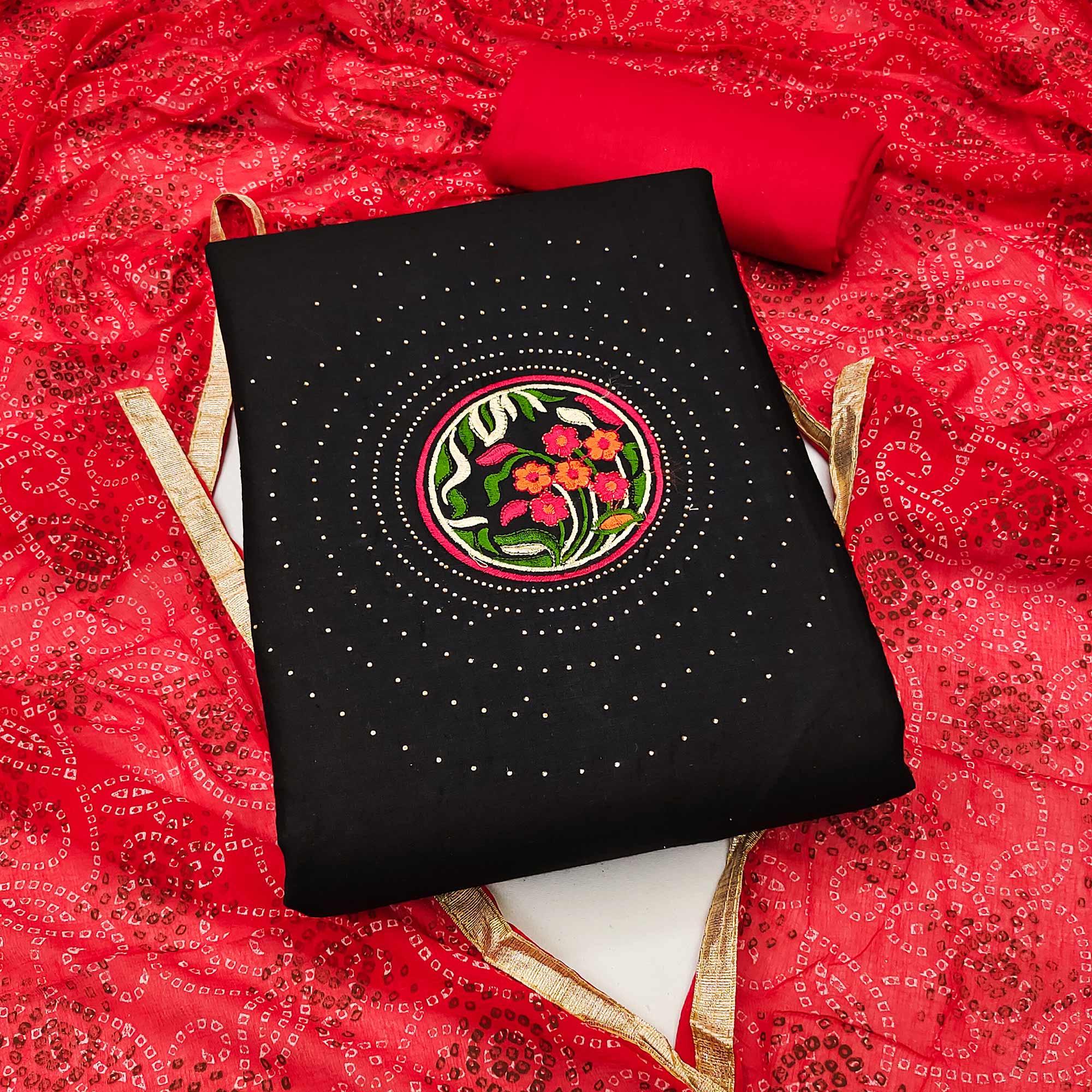 Black Floral Embroidered Pure Cotton Dress Material - Peachmode