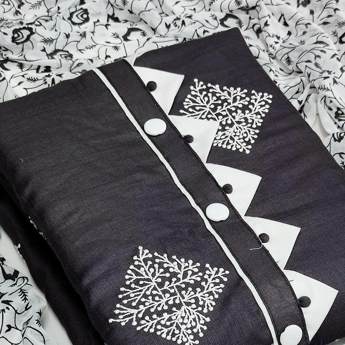 Black Floral Embroidered Pure Cotton Dress Material - Peachmode