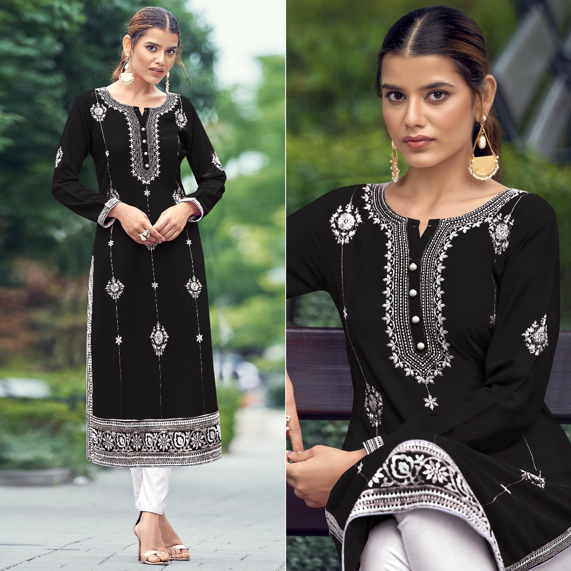 Black Floral Embroidered Rayon Kurti - Peachmode