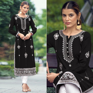 Black Floral Embroidered Rayon Kurti - Peachmode