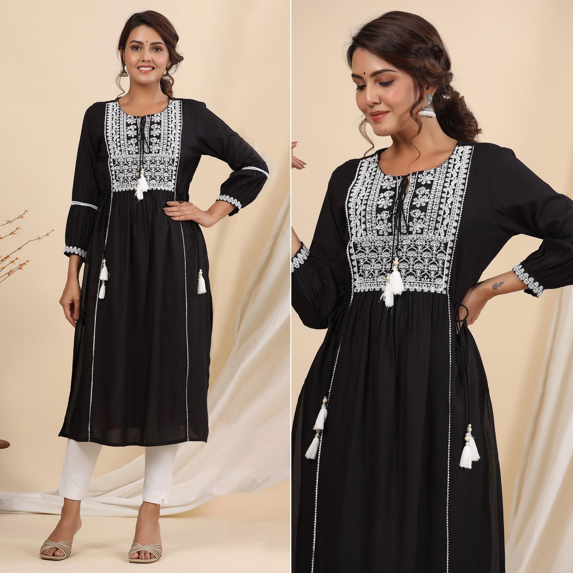Black Floral Embroidered Rayon Kurti - Peachmode