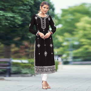 Black Floral Embroidered Rayon Kurti - Peachmode