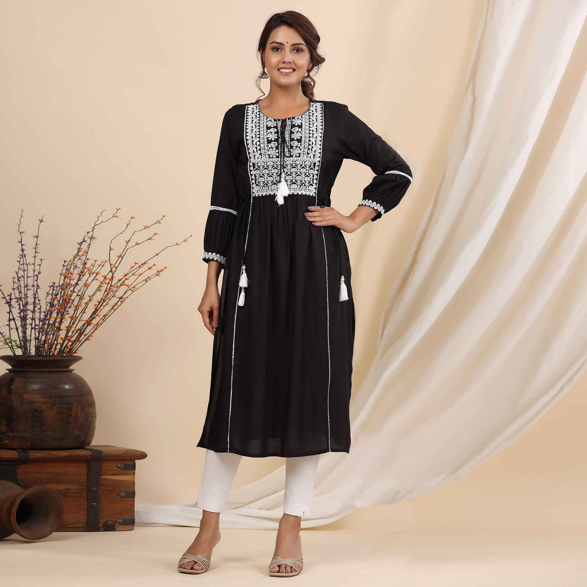 Black Floral Embroidered Rayon Kurti - Peachmode