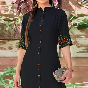 Black Floral Embroidered Rayon Kurti - Peachmode