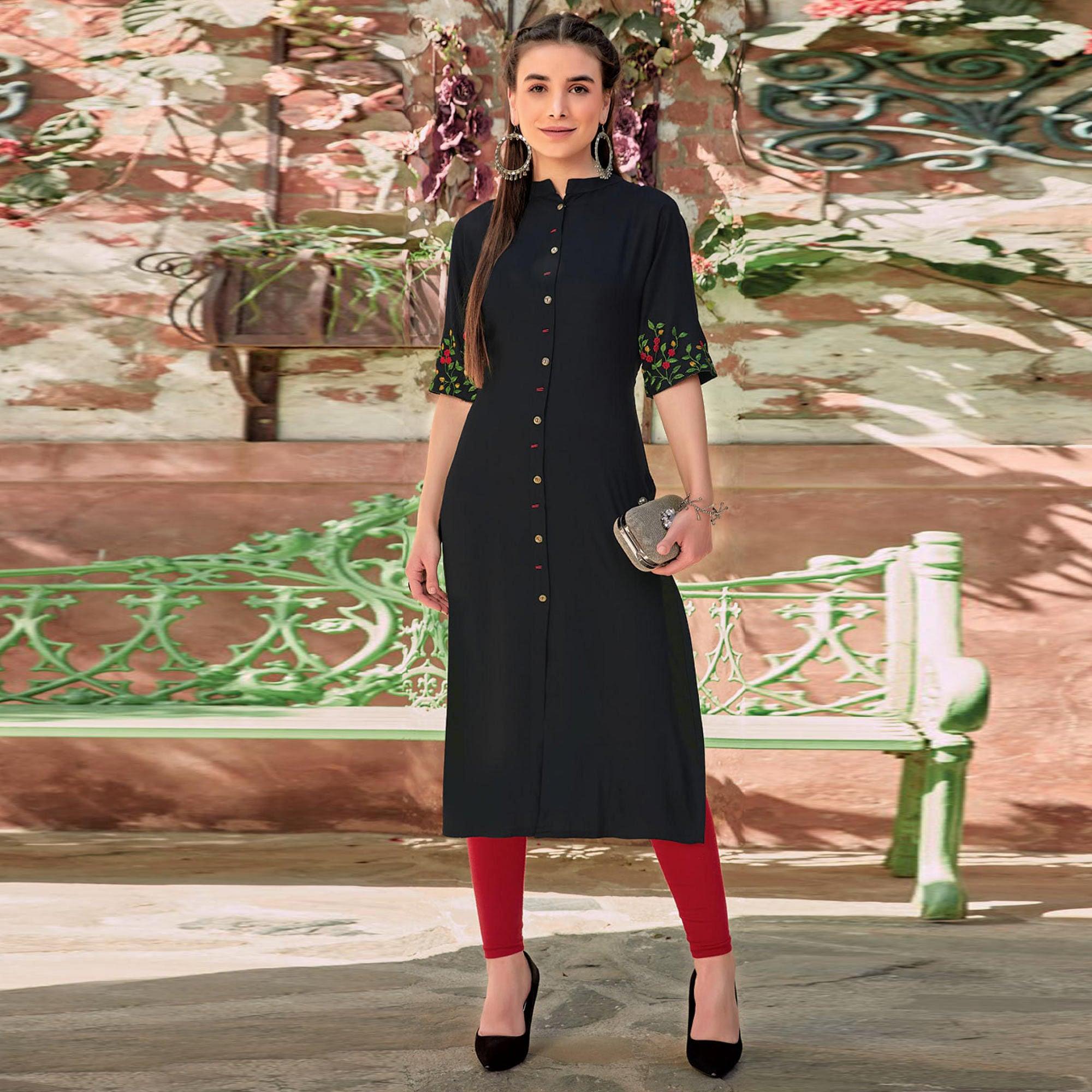 Black Floral Embroidered Rayon Kurti - Peachmode