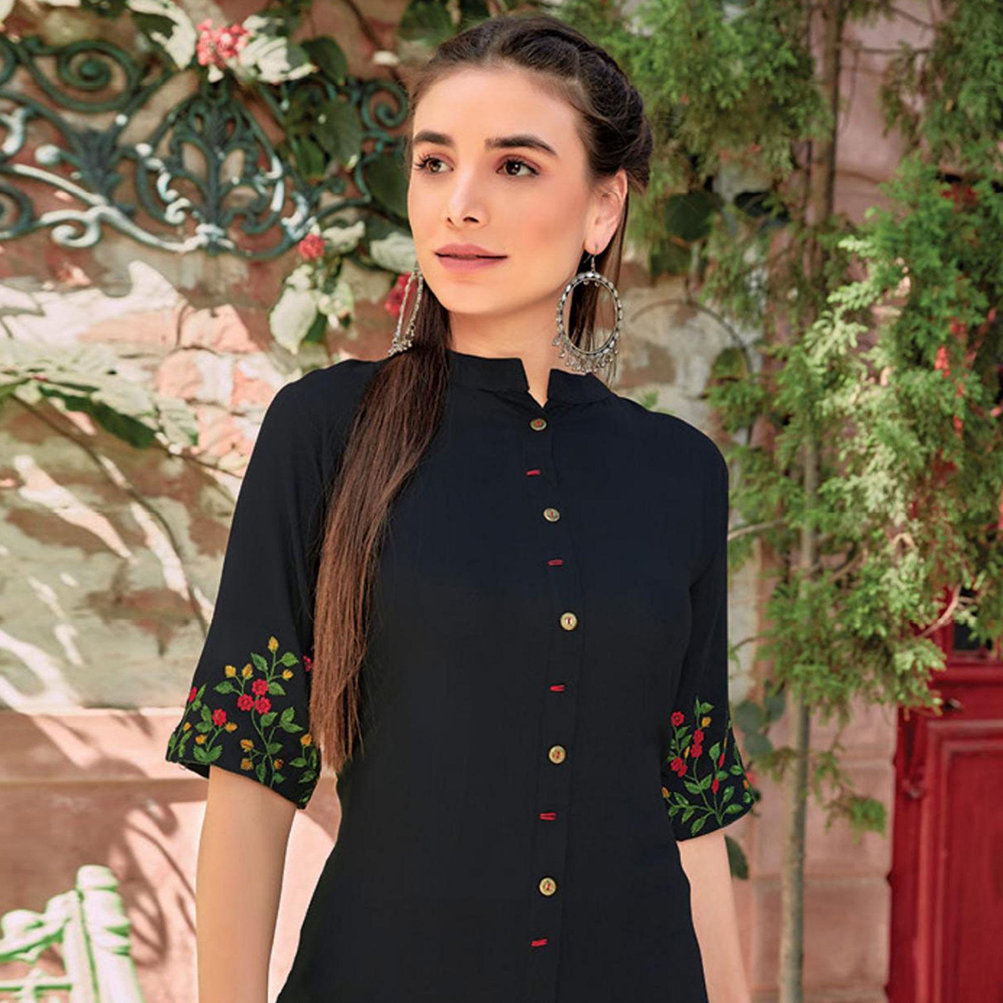 Black Floral Embroidered Rayon Kurti - Peachmode