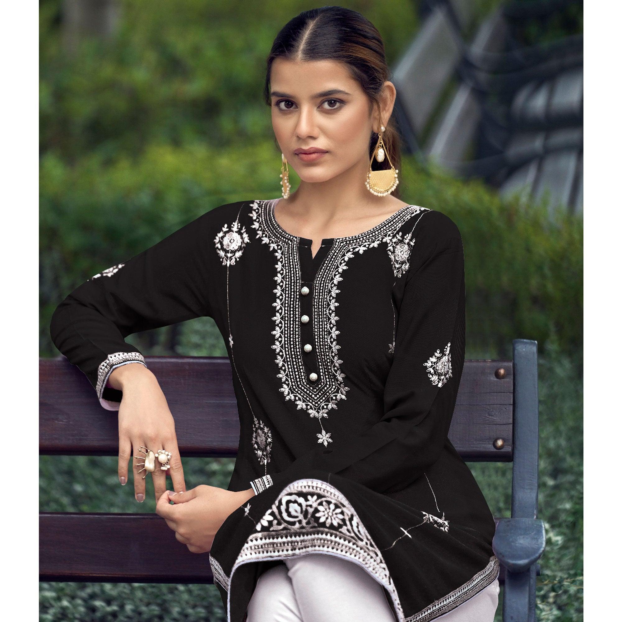 Black Floral Embroidered Rayon Kurti - Peachmode