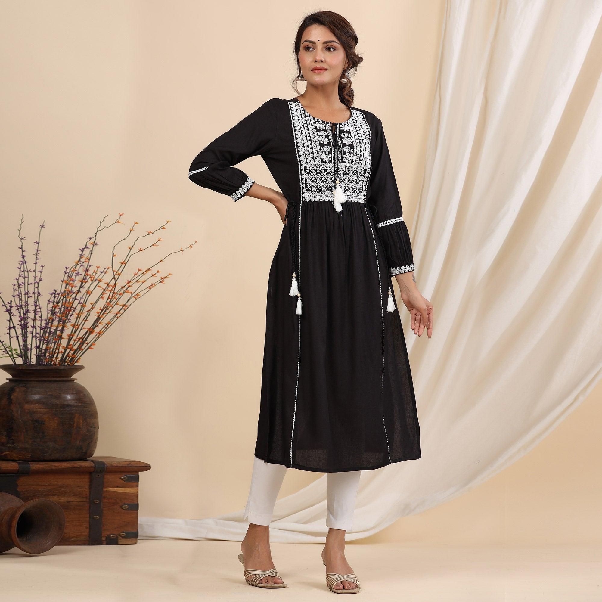 Black Floral Embroidered Rayon Kurti - Peachmode