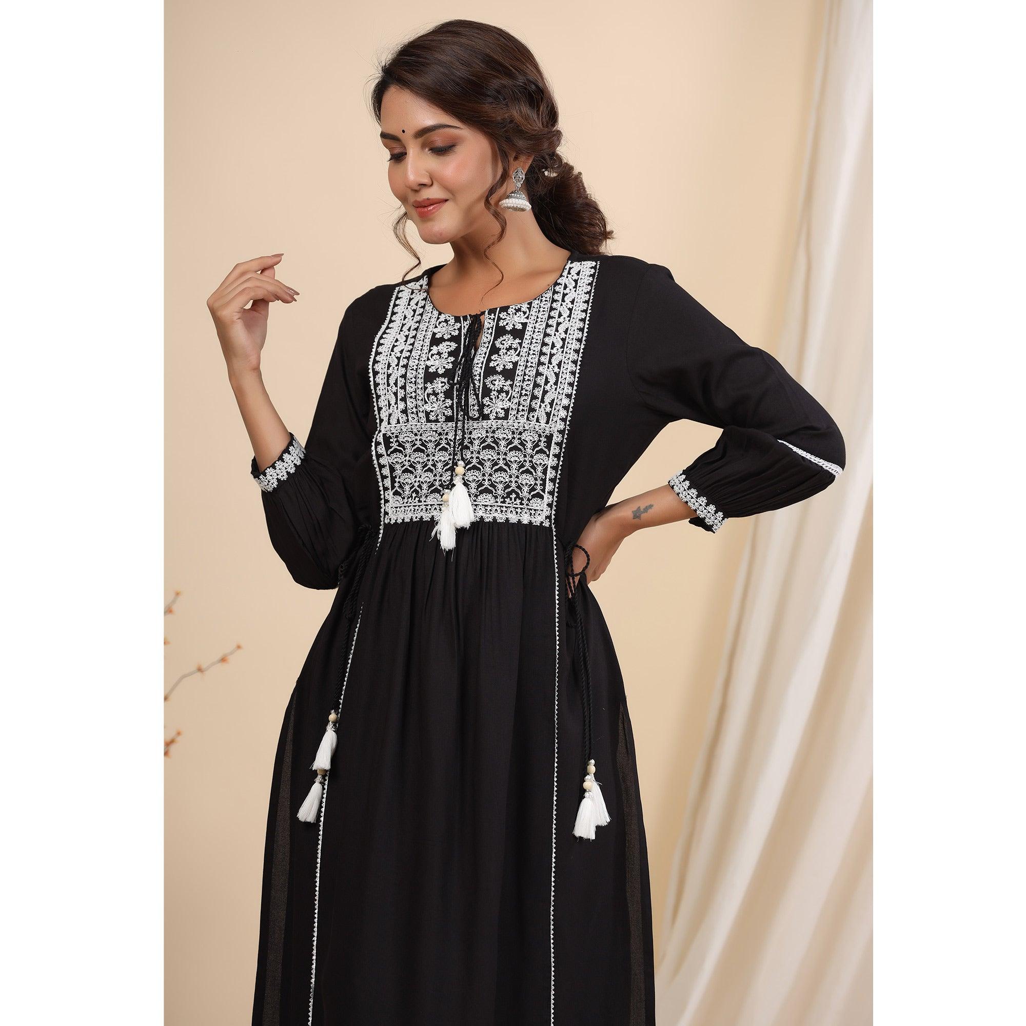 Black Floral Embroidered Rayon Kurti - Peachmode