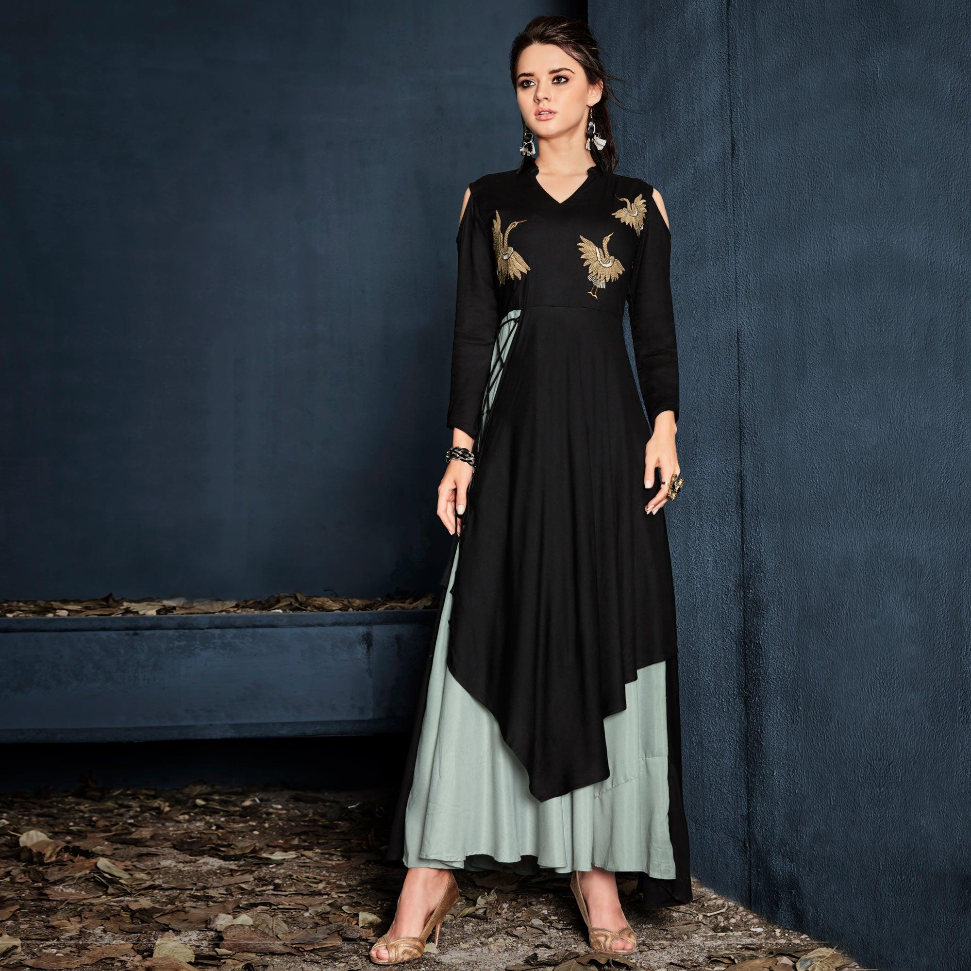 Black Floral Embroidered Rayon Long Kurti - Peachmode