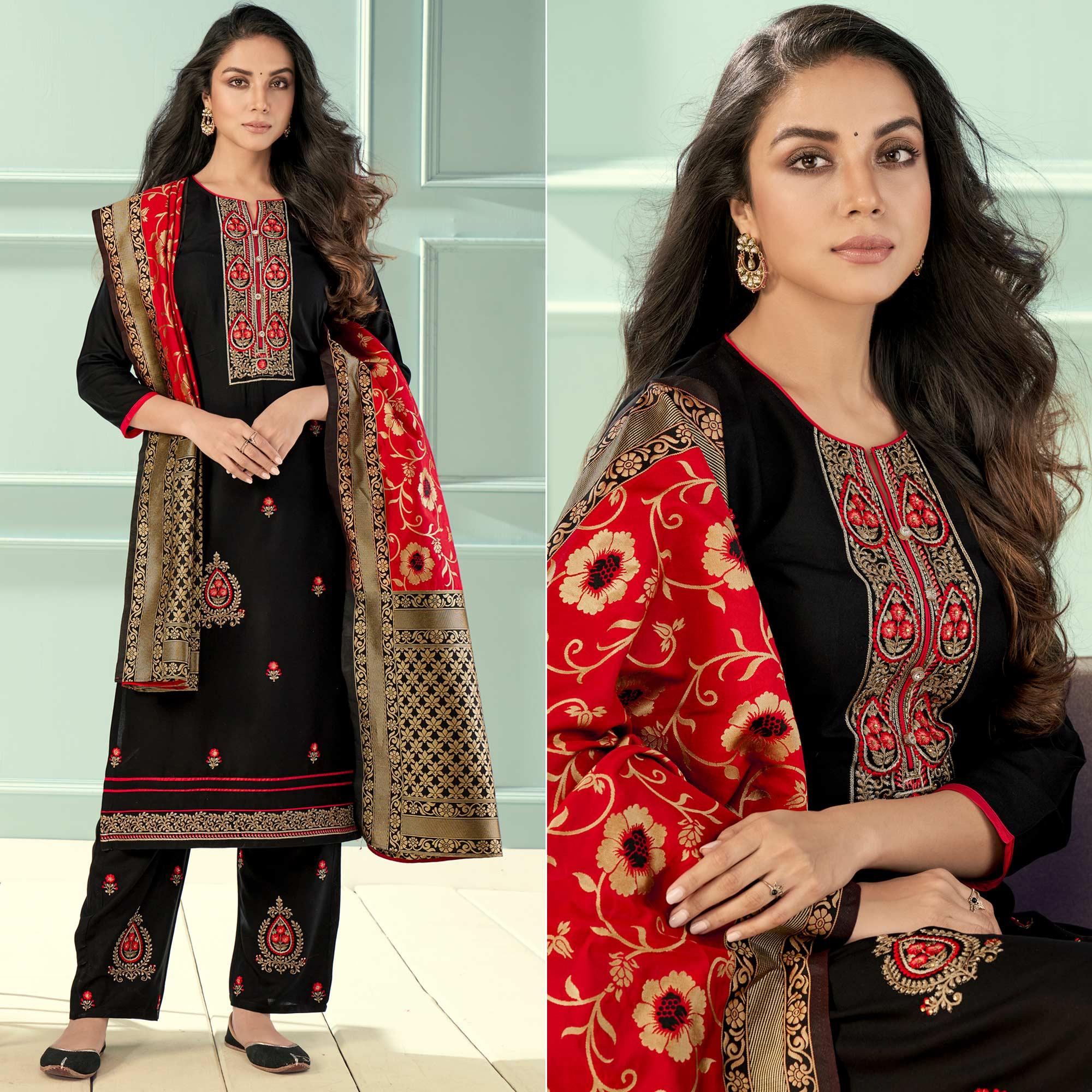 Black Floral Embroidered Rayon Partywear Suit - Peachmode