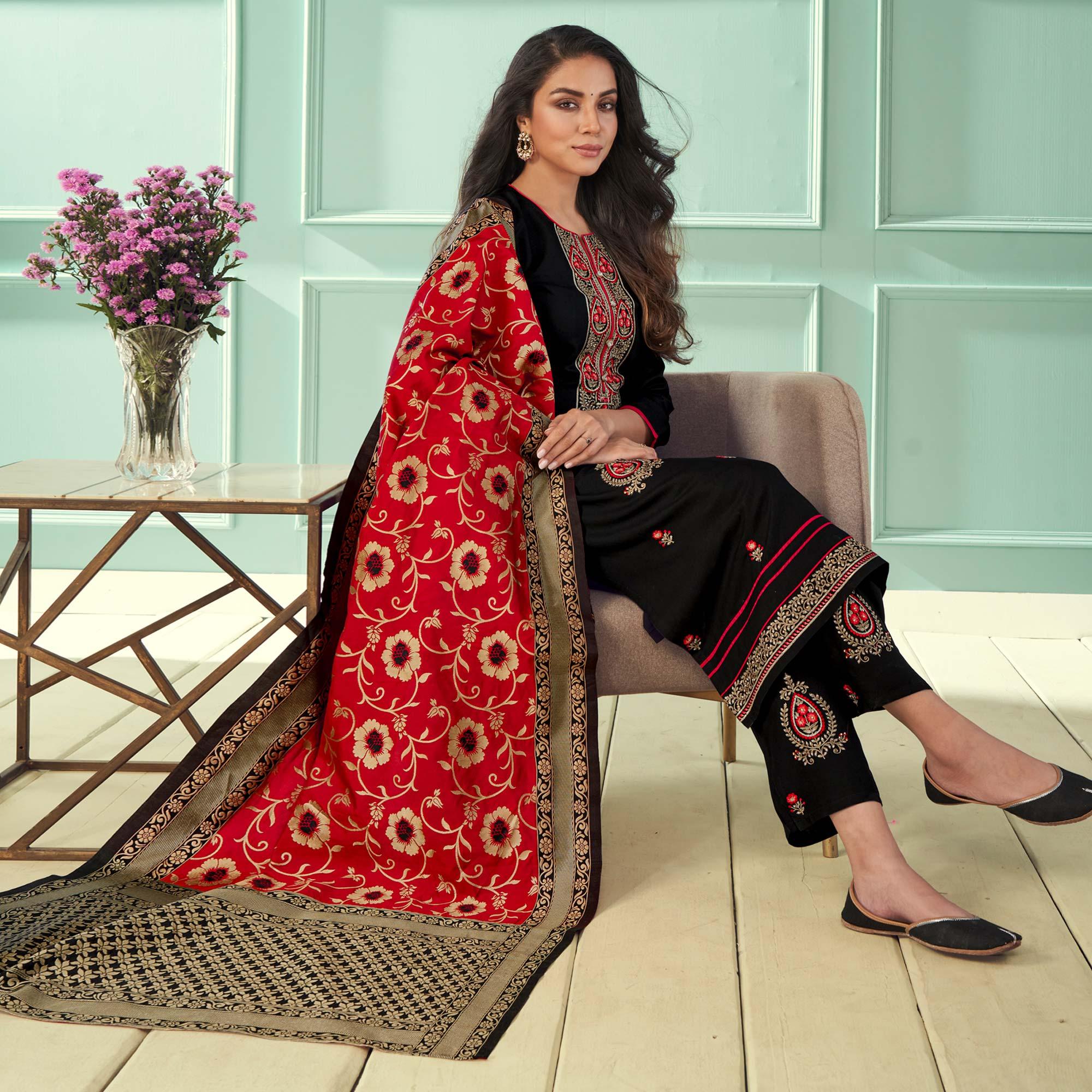 Black Floral Embroidered Rayon Partywear Suit - Peachmode