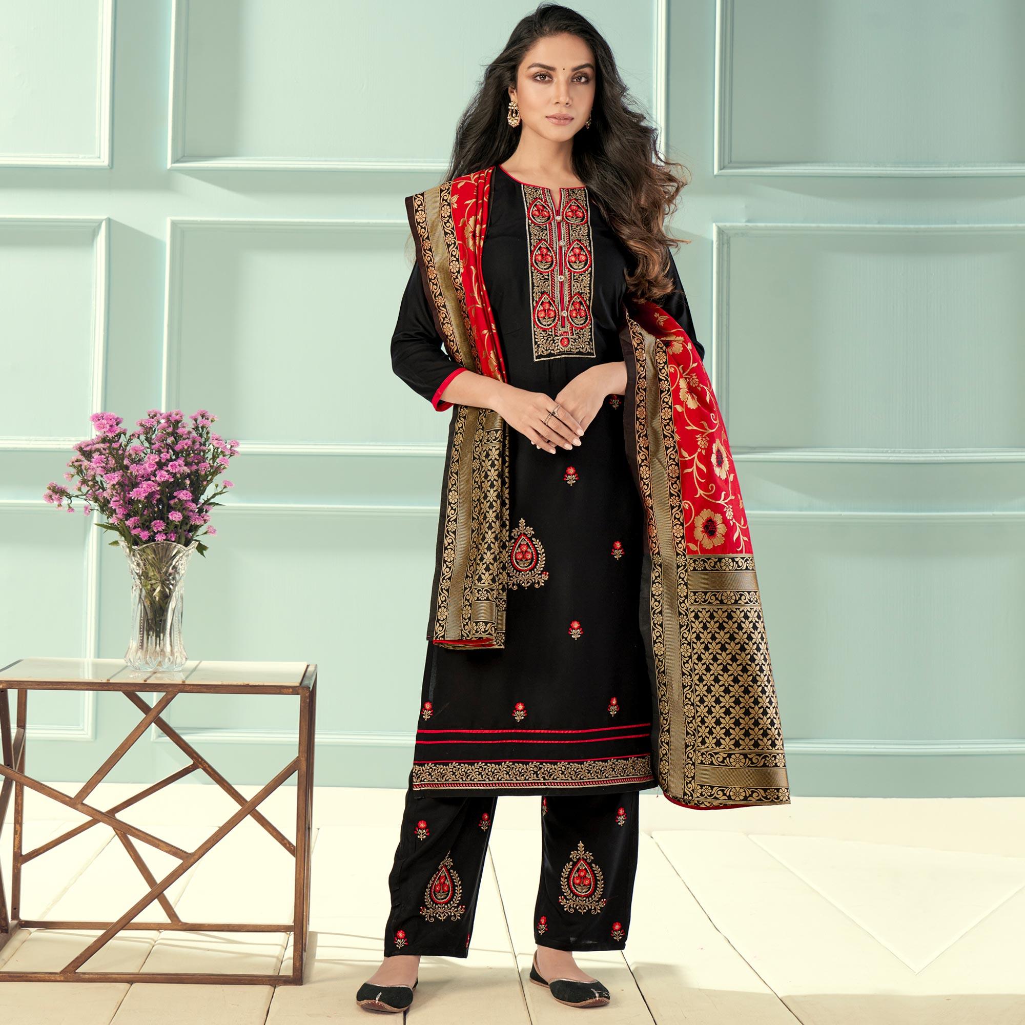 Black Floral Embroidered Rayon Partywear Suit - Peachmode