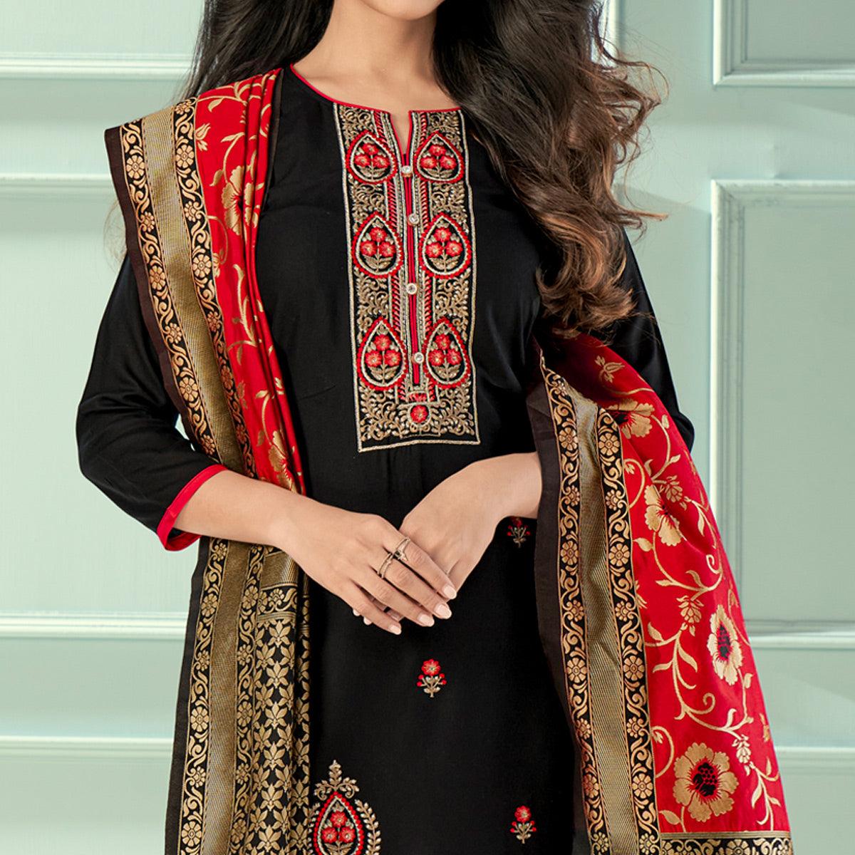 Black Floral Embroidered Rayon Partywear Suit - Peachmode
