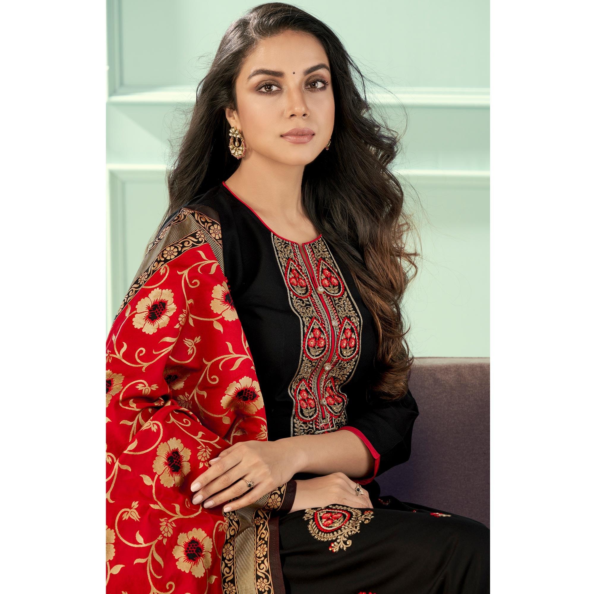 Black Floral Embroidered Rayon Partywear Suit - Peachmode