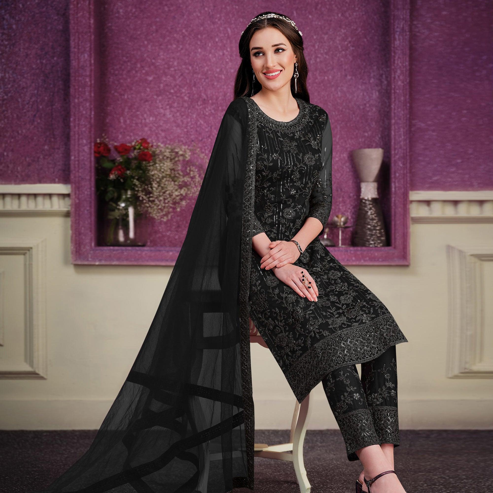 Black Floral Embroidered Soft Net Partywear Suit - Peachmode