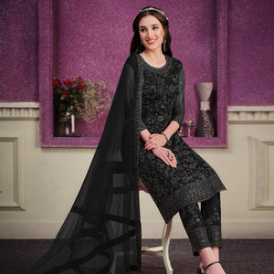 Black Floral Embroidered Soft Net Partywear Suit - Peachmode
