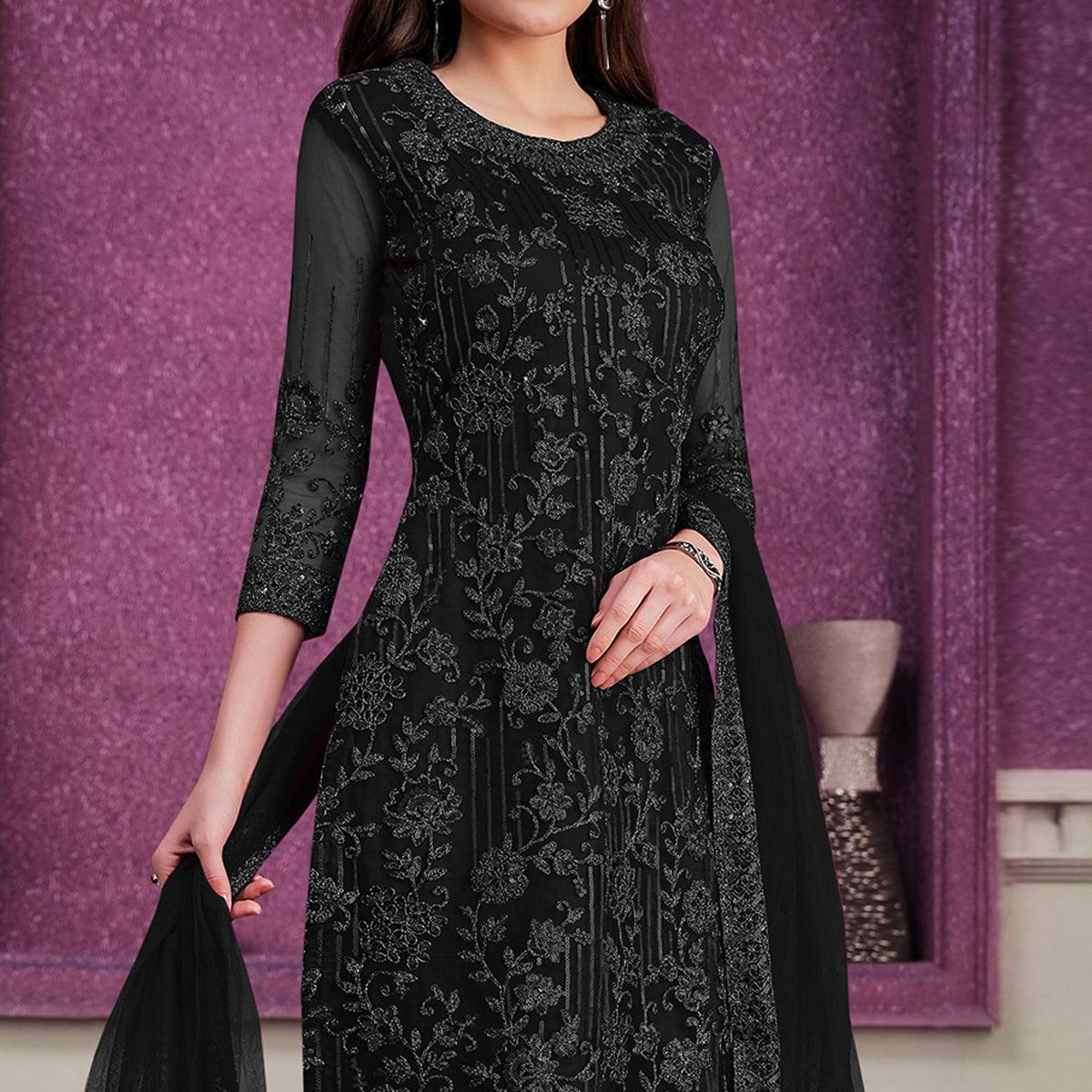 Black Floral Embroidered Soft Net Partywear Suit - Peachmode