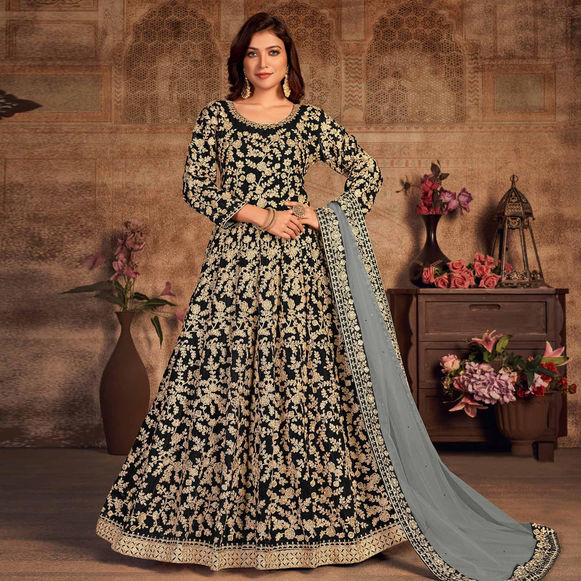 Black Floral Embroidered Velvet Partywear Gown - Peachmode