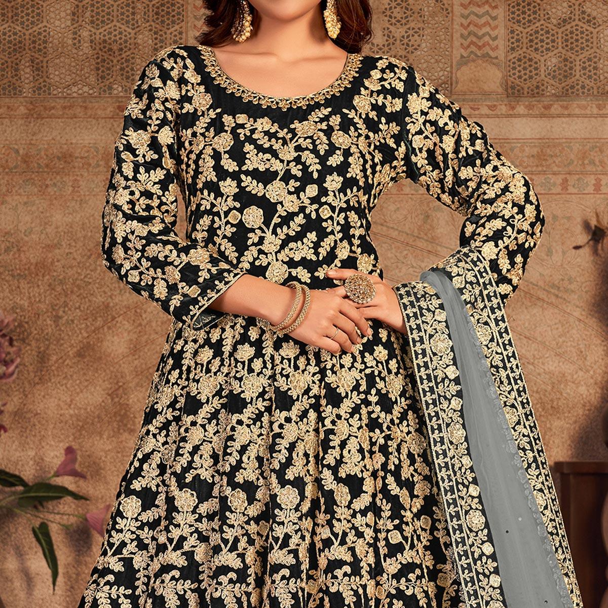 Black Floral Embroidered Velvet Partywear Gown - Peachmode